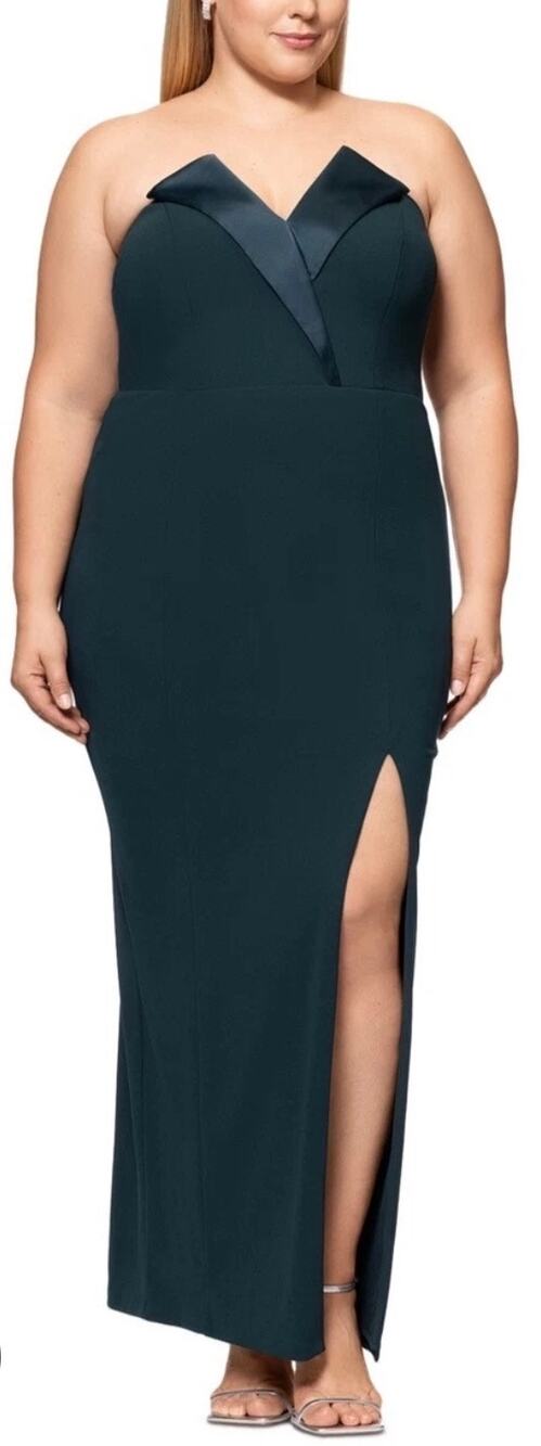 Betsy & Adam Dark Green Tux Detail Strapless Column Gown Dress 16W NWT